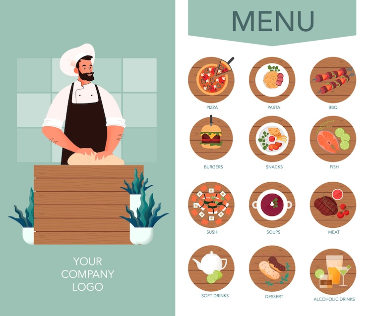 Vector food delivery menu brochure. european and asian cuisine. tasty food for breakfast, lunch and dinner. food delivery booklet or flyer.   illustration
