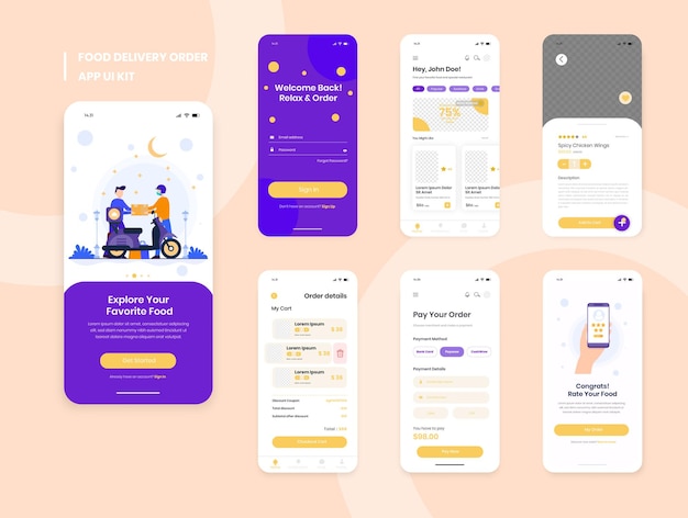 가입, 음식 메뉴, 예약 및 홈 서비스 유형 검토 화면을 포함한 음식 배달 모바일 앱 Ui 키트