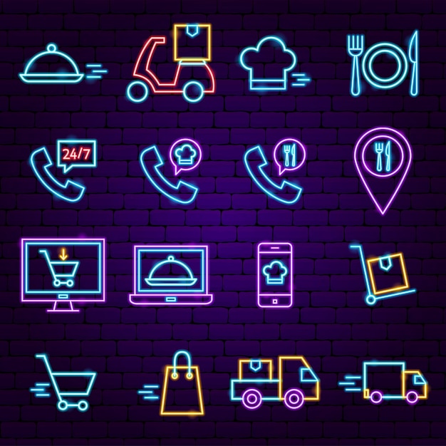 Food Delivery Neon Icons. Vector Illustration of Online Promotion.