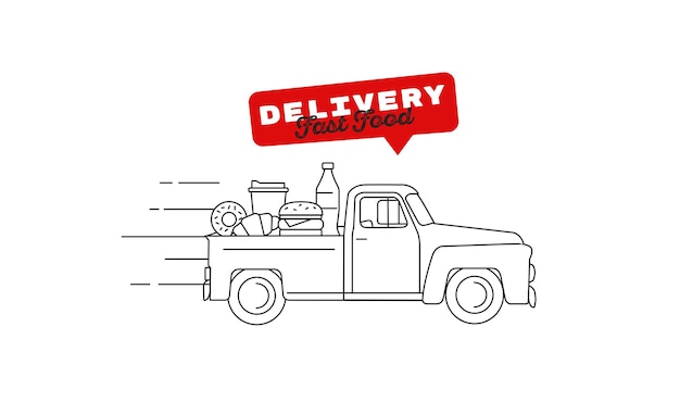 Food delivery oldfashioned retro truck full of food on the pick up truck body moving