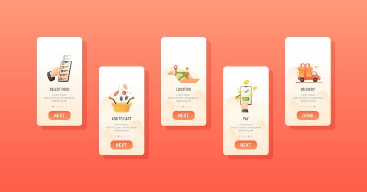 Vector food delivery onboarding screens