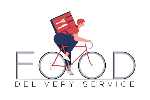 Concetto di servizio di consegna cibo con carattere di corriere sulla costruzione di biciclette nella parola di cibo