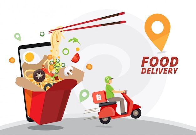 Food delivery service, fast food delivery, scooter delivery service , illustration