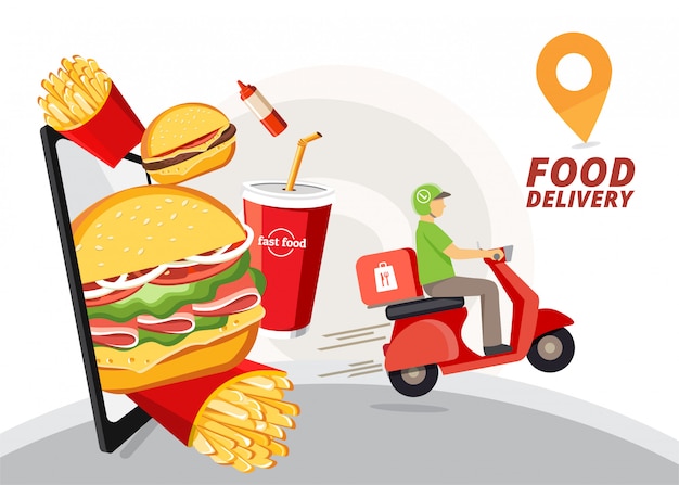 Food delivery service, Fast food delivery, Scooter delivery service , illustration