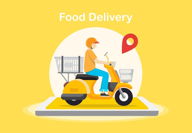 Servizio di consegna di cibo, consegna di fast food, servizio di consegna di scooter, illustrazione vettoriale