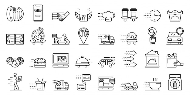 Food delivery service icons set, outline style