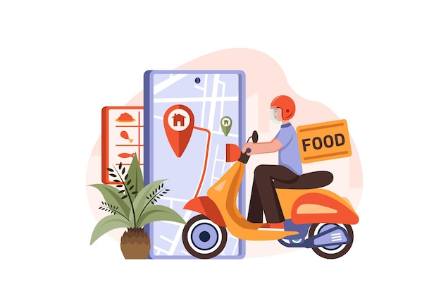 Food delivery service a male courier with a large backpack illustration concept on white background