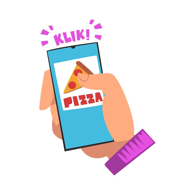 Food Delivery Service Person Choosing Pizza Using Mobile Smartphone App and Tapping on Screen Making Order Cartoon Style Vector Illustration