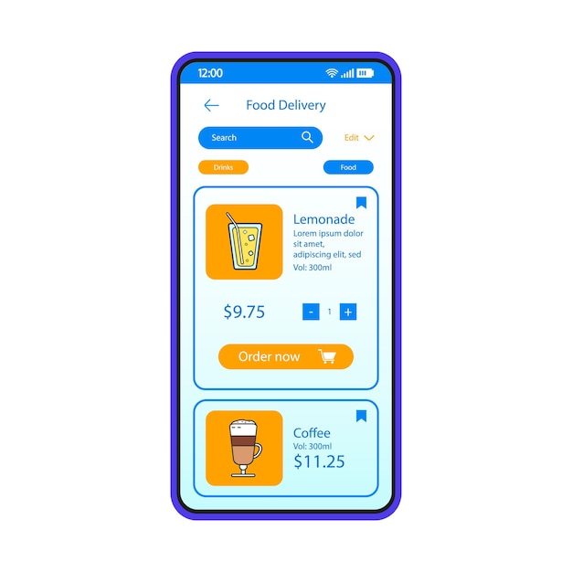 음식 배달 스마트폰 인터페이스 벡터 템플릿입니다. 모바일 앱 페이지 블루 디자인 레이아웃입니다. 레스토랑 주문 온라인 화면. 응용 프로그램에 대한 평면 Ui. 음료 메뉴가 있는 전화기 디스플레이