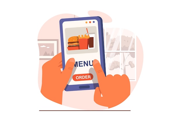 Vector food delivery web concept in flat design human hand holds mobile phone using application