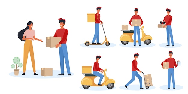 Vector food deliveryman flat illustration set. joyous courier delivering parcels on scooter and on foot.