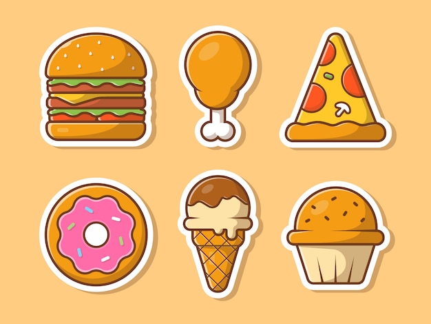 Food and dessert elements vector stickers illustration. food stickers collection.