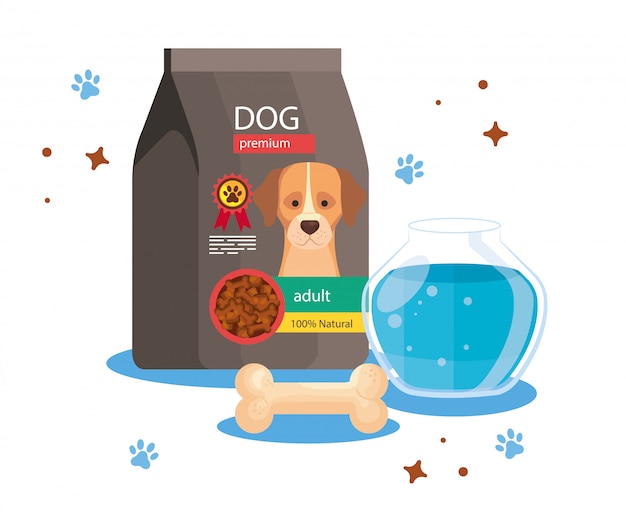 Vector food for dog in bag with round glass fish bowl and bone