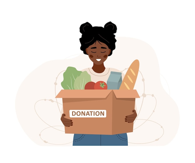 Vector food donation african woman holding in hands cardboard box full of different products volunteering and social care concept