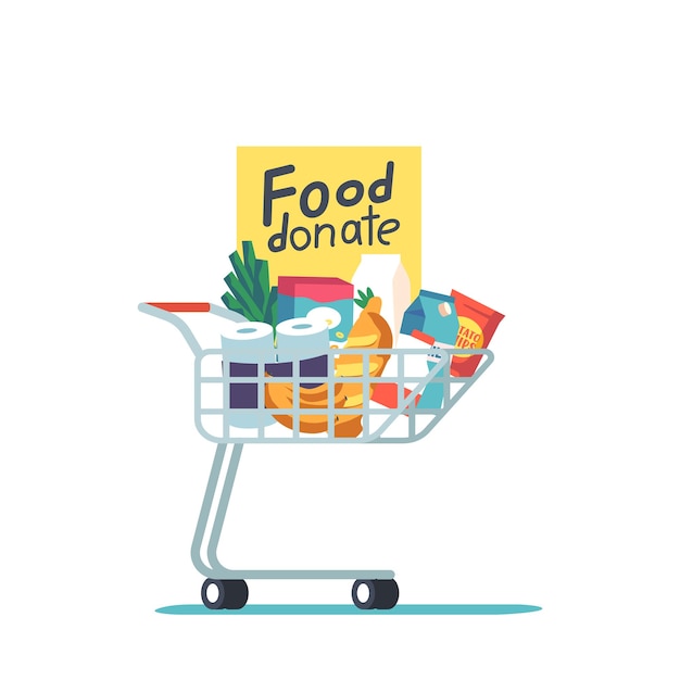 Vector food donation concept shopping trolley full of grocery production vegetables fruits canned products and toiletries