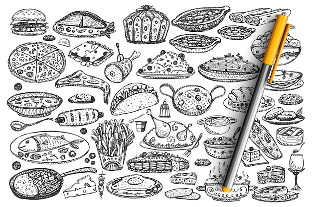 Insieme di doodle di cibo. raccolta di vari tipi diversi di piatti di pasto disegnati a mano