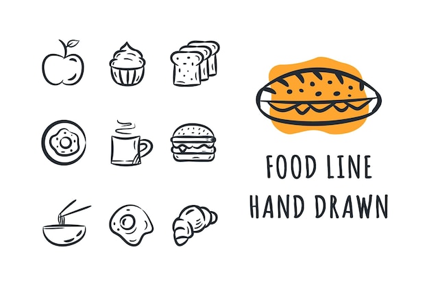 Набор иконок с пищевыми каракулями, нарисованный вручную, коллекция мультфильмов для иллюстрации дизайна меню ресторана, кафе