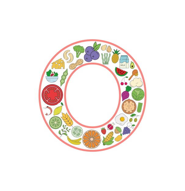 Набор значков коллажа еды и напитков из буквы O. Векторный набор основных аллергенов и иконок линии диеты
