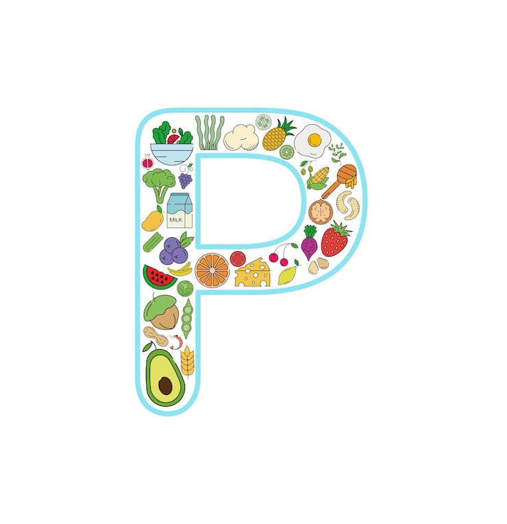 Vector 食べ物や飲み物のコラージュ アイコンは、文字 p から設定されています。必須アレルゲンとダイエット ライン アイコンのベクトルを設定