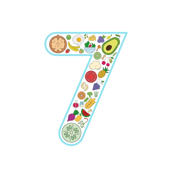 食べ物や飲み物のコラージュ アイコンは、7 番から設定されています。必須アレルゲンとダイエット ライン アイコンのベクトルを設定