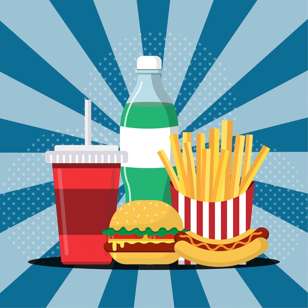 Vettore cibi e bevande, hamburger, patatine fritte, hot dog e bevande illustrazione