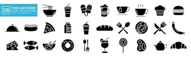 Коллекция иконок еды и напитков, завтрак вкусный питательный, редактируемый и изменяемый размер EPS 10
