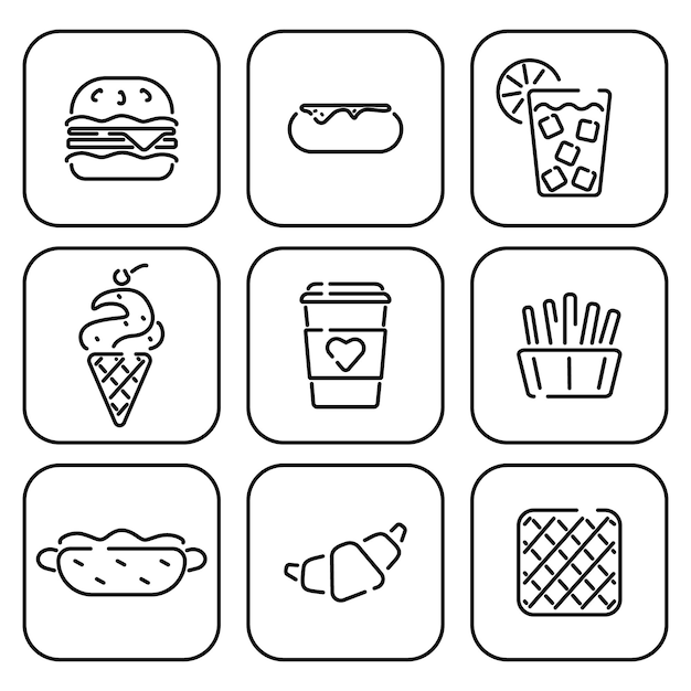 Vector food and drink icons, fast food icons set, ice cream icon, burger, coffee icon, tea, donut, french