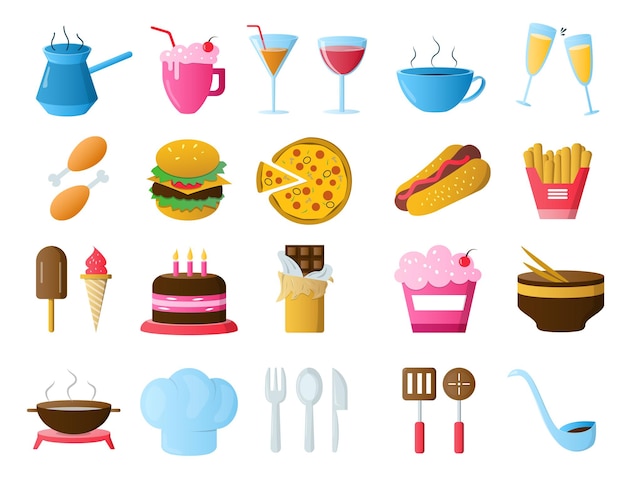 Food and drink icons. Restaurant line icons set. Colourful vector illustration.