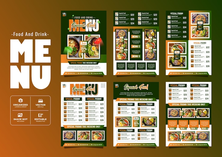Vector food and drink menu design with special promotions