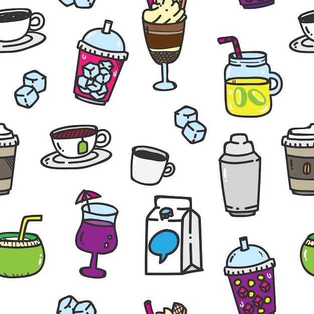 Food and drink seamless pattern in doodle style