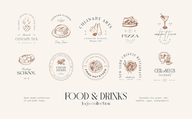 Food and drinks hand drawn logo design collection for brand identity or packaging