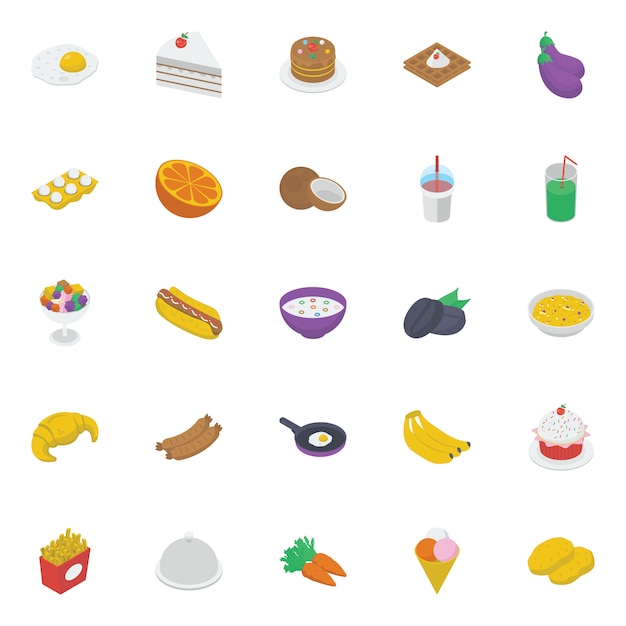 Food and drinks isometric icons pack