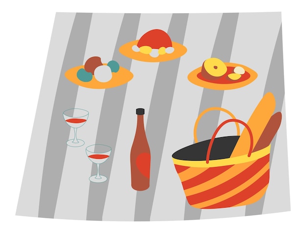 Food and drinks on picnic blanket with dishes and fruits\
vegetables and basket with baguette wine bottle with glasses and\
alcoholic beverage summertime vacation and relax vector in flat\
style