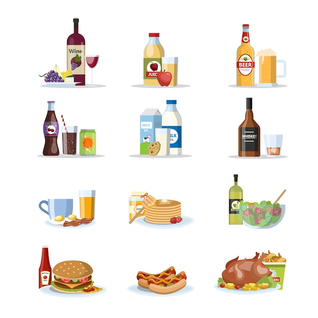 Set di cibo e bevande. latte, soda, succhi e bevande alcoliche con diversi tipi di cibo gustoso: hamburger, pollo, pizza e altri. stili di vita sani e malsani. illustrazione