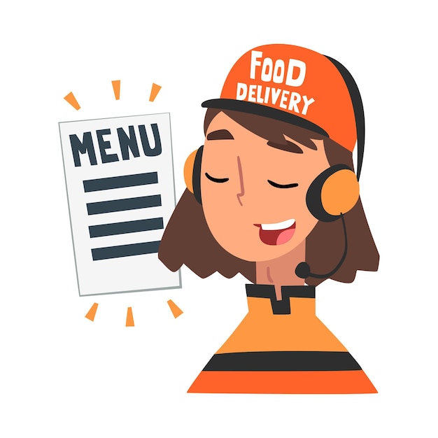 Vector food express delivery service cheerful girl call center operator in headset accepting order from client cartoon style vector illustration