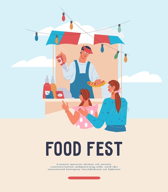 Вектор food fest баннер или шаблон плаката с продавцом хот-догов и клиентами плоский вектор