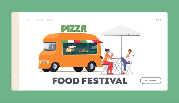 Modello di pagina di destinazione del festival del cibo giovani che si godono la pizza nel caffè estivo all'aperto persone che mangiano fast food