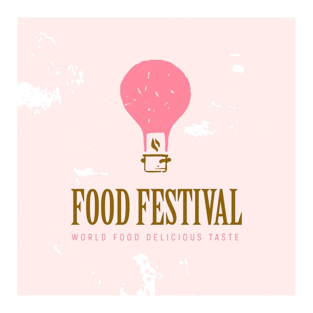 Food festival logo template in different color variants isolated. illustration of textured flying pink air balloon and pot.