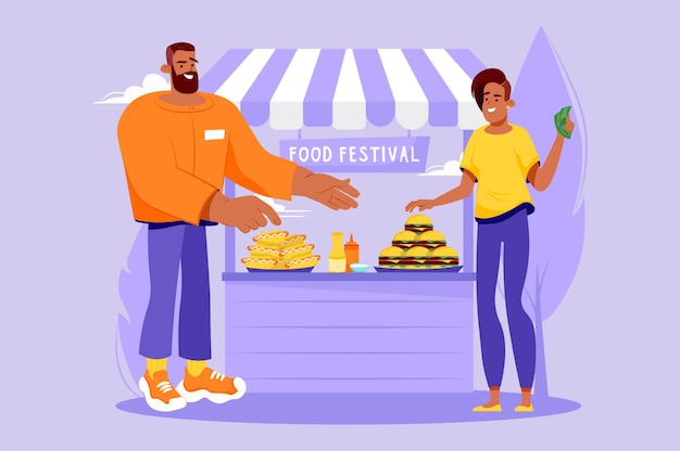 Vector food festival violet concept with people scene in the flat cartoon design