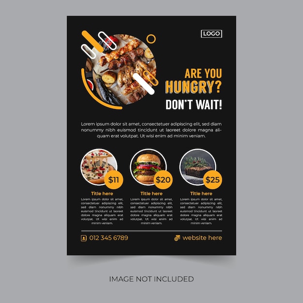 Vettore design di volantini alimentari per la carta del menu del ristorante o la promozione del cibo