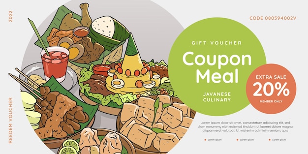 Food gift voucher discount order menu javanese food hand drawn vector