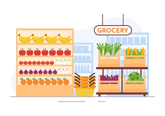 Вектор Иллюстрация покупок в продуктовом магазине с продуктами питания и ассортиментом продуктов в супермаркете