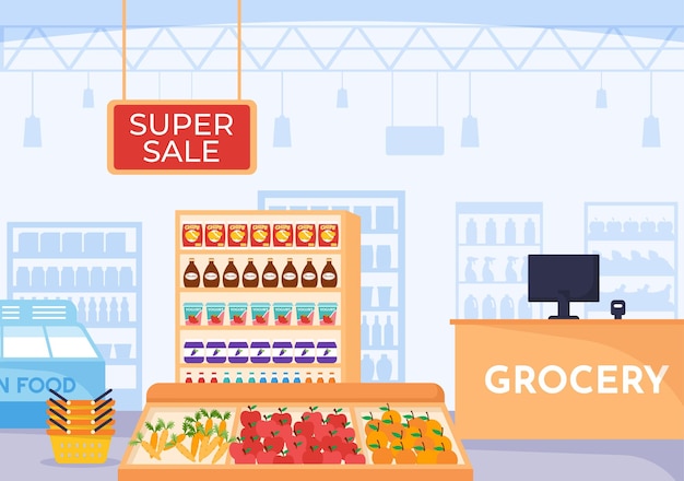 Food grocery store shopping illustration with foods items and product assortiment on the supermarket