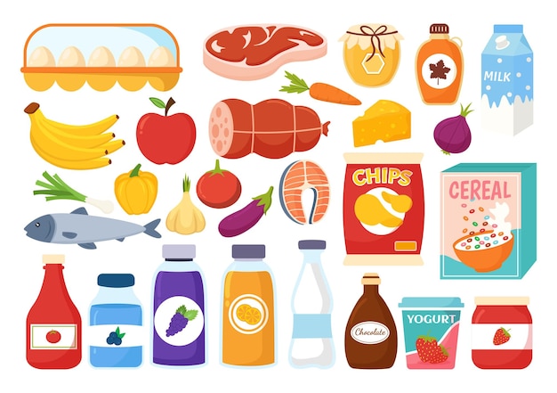 Vector food grocery store shopping illustration with foods items and product assortiment on the supermarket