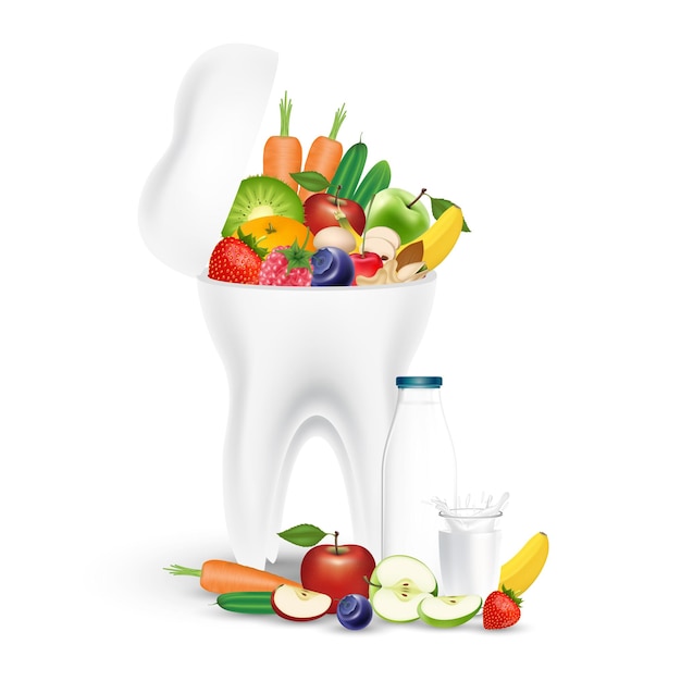 Vector food for healthy teeth healthy smile white sparkle tooth vegetables fruits rich in vitamins