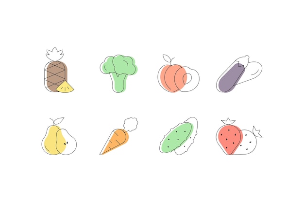 Vector food icon set fruits vegetables berries