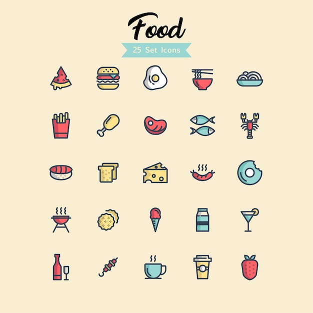 Food icon set gevulde omtrekstijlen