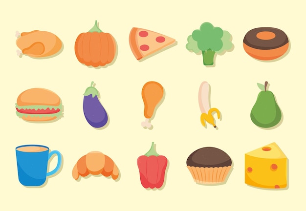 Vector food icon set on yellow background