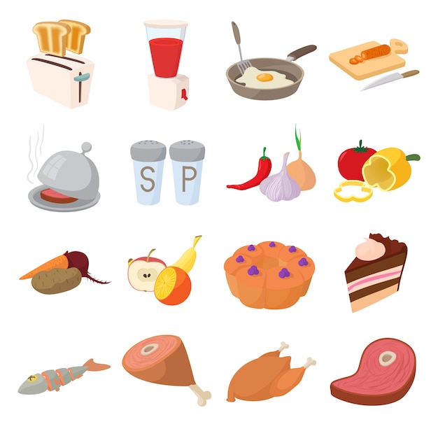 Food icons set in cartoon style vector