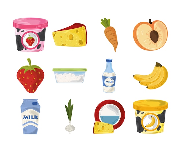 Вектор Набор иконок продуктов питания, фрукты, морковь, сыр, йогурт и чеснок, ингредиенты и продукты